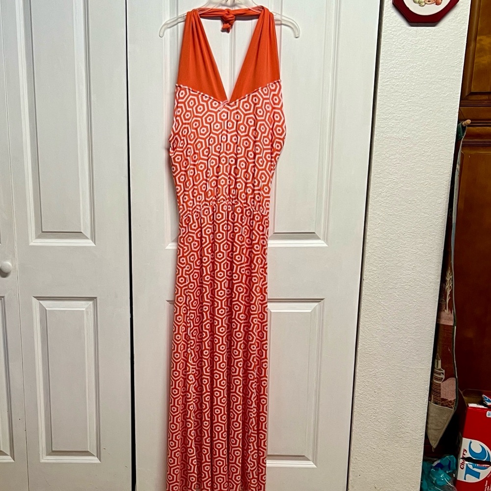 Mud Pie Orange and White Geometric Halter Maxi Size M NWT